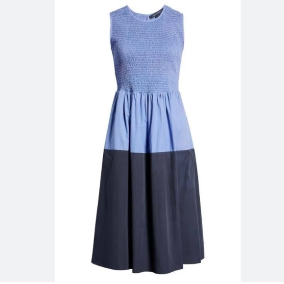 French Connection Rhodes ColorBlock Smocked Poplin Dress Bay Blue Nocturnal NWT - Picture 2 of 16